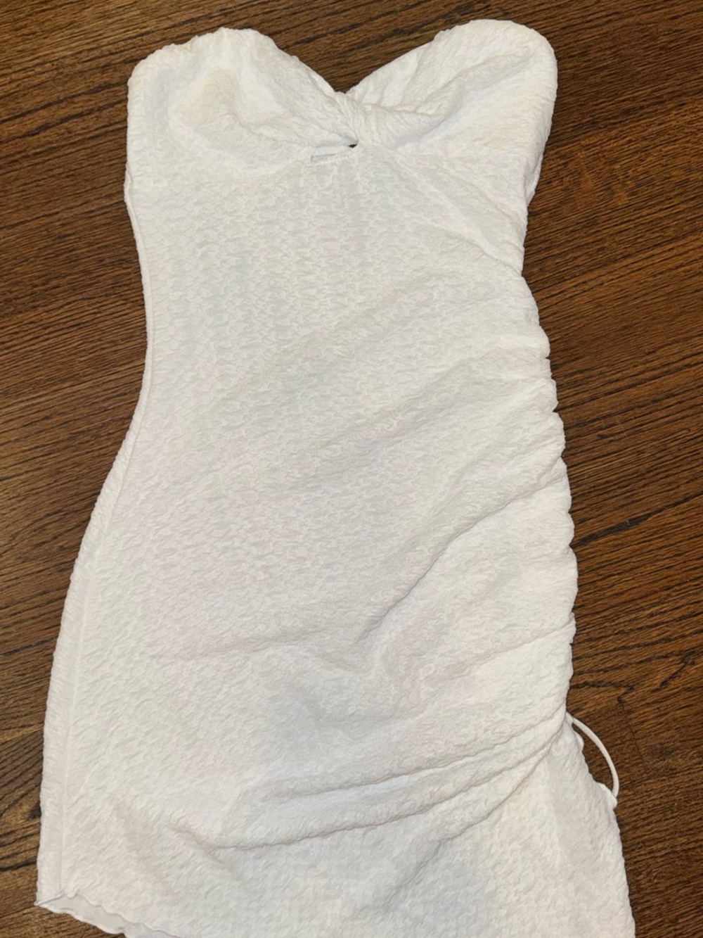 Strapless White Textured Ruched Bodycon Dress